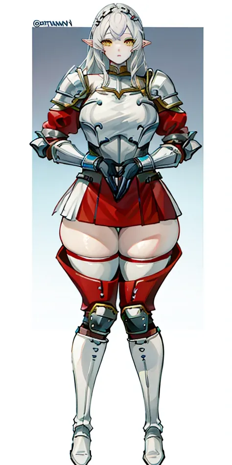 masterpiece, best quality, high quality, 1solo white SKIN elf, long hair, white hair, yellow eyes, full body, def_effie, blue breastplate, looking at viewer, shiny,armor, thighhighs, high boots,shoulder armor, faulds, poleyn, gloves, gauntlets