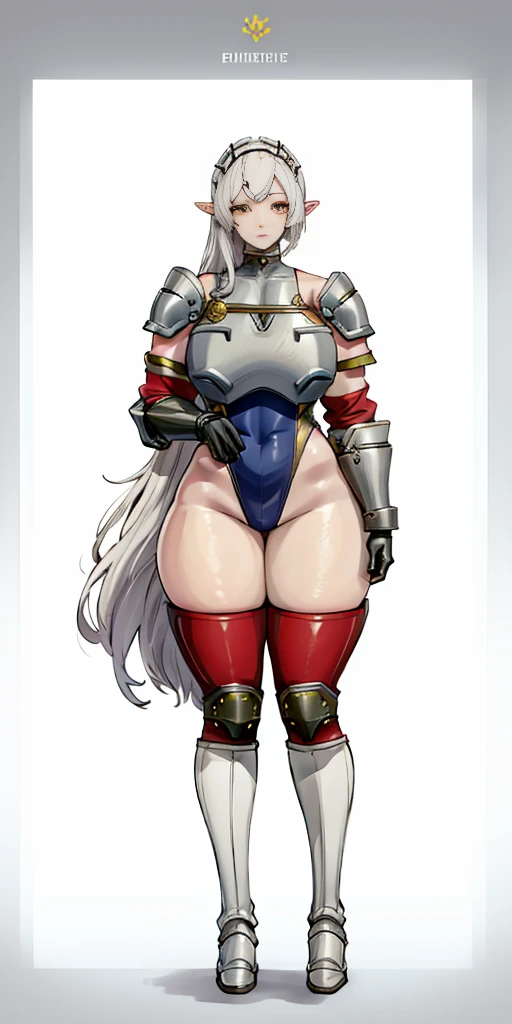 masterpiece, best quality, high quality, 1solo white SKIN elf, long hair, white hair, yellow eyes, full body, def_effie, blue breastplate, looking at viewer, shiny,armor, thighhighs, high boots,shoulder armor, faulds, poleyn, gloves, gauntlets