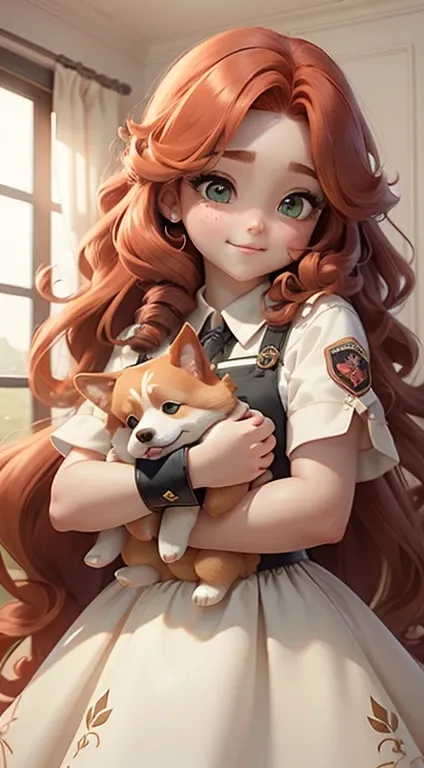 1Girl, 4K, looks like an angel, Long red hair, dynamic lighting, hugging corgi puppy, ((attention to detail)), ((precise detailing)), red curly long hair, White shirt, Green Dark Eyes, Cute Corgi (attention to precise details))