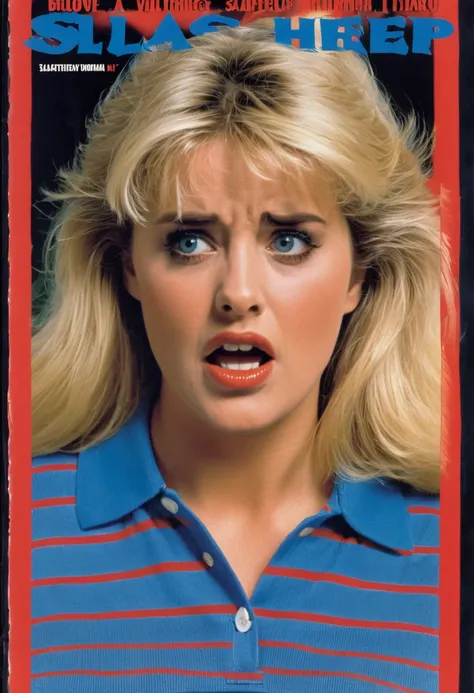 vhs cover slasher terrified blond woman 1990 with a blue striped polo shirt 