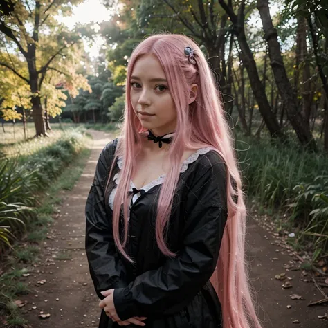 Una chica anime camina bajo la luna en un bosque, with long pink hair, es hermosa, Bella, con una figura esbelta y hermosa, 