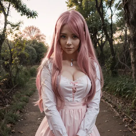 Una chica anime camina bajo la luna en un bosque, with long pink hair, es hermosa, Bella, con una figura esbelta y hermosa, 