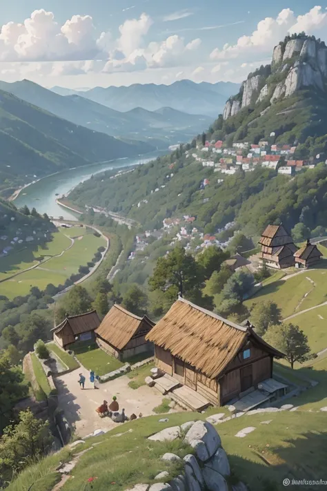 big Slavic village up on the mountain, thatched roofs, early medieval, village on a rocky cliff, tightly packed houses, narrow passages, tight spaces, nucleated settlement
