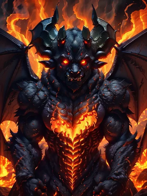 nosferatu zodd monsters forest, zodd is demon form((giant bat wings, two big head horns, mad, on fire)) , infernal armor