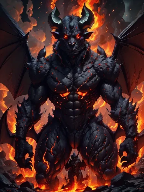 nosferatu zodd monsters forest, zodd is demon form((giant bat wings, two big head horns, mad, on fire)) , infernal armor