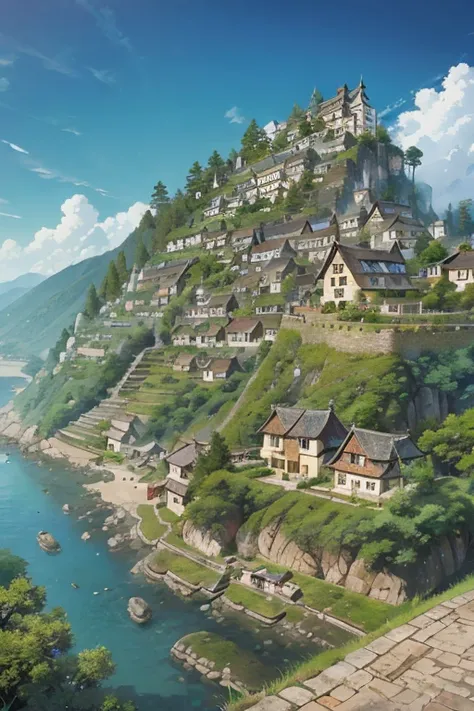 big ghibli town up on the mountain, thatched roofs, early medieval, village on a rocky cliff, tightly packed houses, narrow passages, tight spaces, clustered settlement
