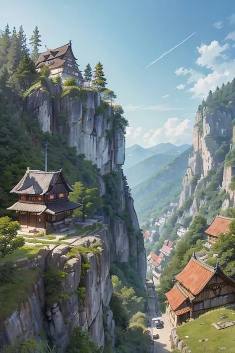 big slavic ghibli town up on the mountain, thatched roofs, early medieval, village on a rocky cliff, tightly packed houses, narrow passages, tight spaces, clustered settlement
