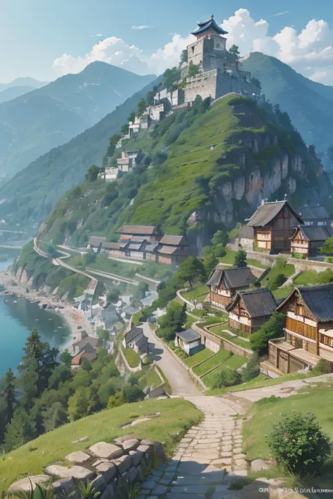 big slavic ((ghibli)) town up on the mountain, thatched roofs, early medieval, village on a rocky cliff, tightly packed houses, narrow passages, tight spaces, clustered settlement
