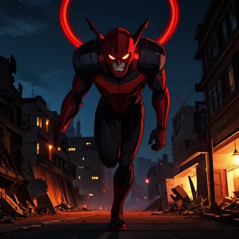 Evil speedster, red lightning, red and black suit, demon face, running, located in a destroyed city, nighttime.