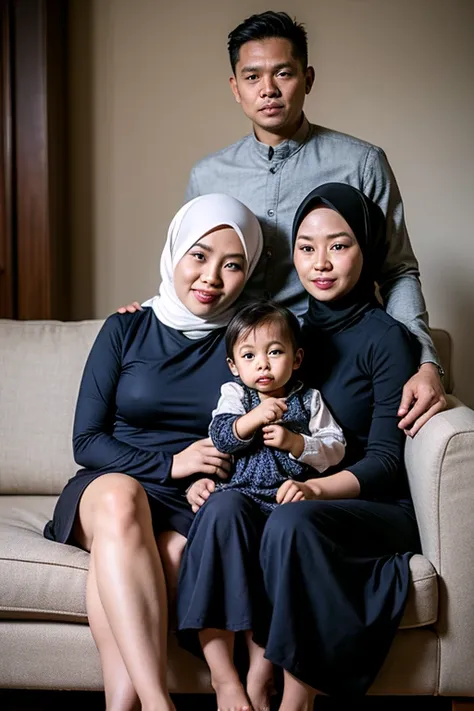 photo of an Indonesian family, four members, one adult men aged 35 years, one adult women aged 35 years, one teen boy aged 15 years,  and one teen girl aged 7 years. They are compactly wearing typical Malay koko clothes and navy long dresses, harmonious, u...