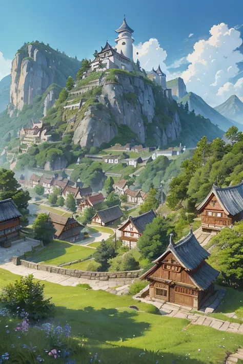 big slavic ((ghibli)) fantasy town up on the mountain, thatched roofs, early medieval, village on a rocky cliff, tightly packed ...