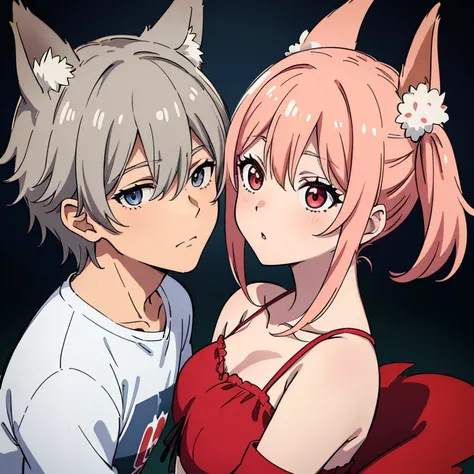 (((Gran obra maestra de anime TV))), ((bien detallado)), (pareja de 1 chico y 1 chica), el chico tiene el pelo corto rojizo unos eyes red radiant y rostro masculino,...  Fox girl has long gray hair, her eyes are also bright red, she is blushing., mientras ...