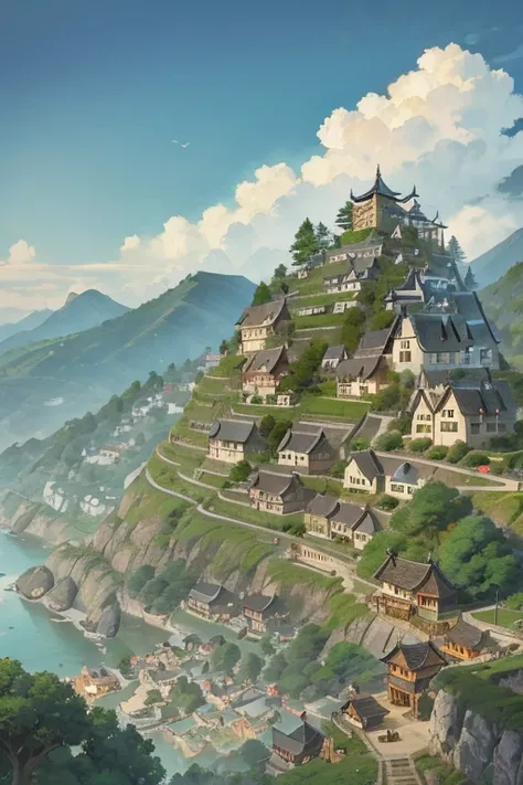 big fantasy town up on the mountain, thatched roofs, early medieval, town on a rocky cliff, tightly packed houses, narrow passages, tight spaces, clustered settlement, ((Ghibli style))
