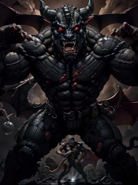 2 characters, guts luchando contra un nosferatu zodd ((demonio dragon negro gigante y diabolico)), they are in a dark room of th...