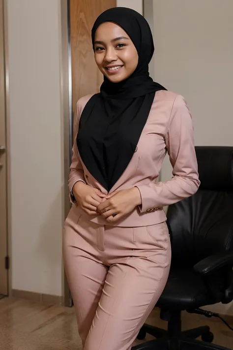 Nude 24 year old teenage malay woman with hijab,wearing office suit,tight pants,closed mouth,smiling