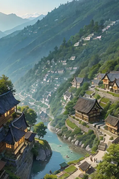 big fantasy town up on the mountain, thatched roofs, early medieval, town on a rocky slope, tightly packed houses, narrow passages, tight spaces, clustered settlement, ((Ghibli style architecture))