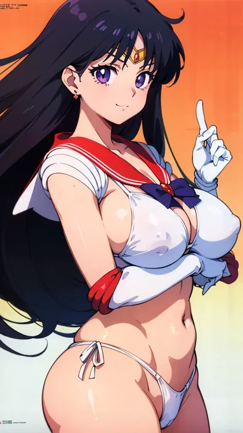 (masterpiece, best quality, high resolution, 2D, anime cels, megami magazine, 8K, Official art, sharp), Sailor Mars, 1girl, (sailor moon style:1.5), purple eyes, light smile, (straight hair, black long hair), (saggy large breasts:1.5), (white bikini:1.5), ...