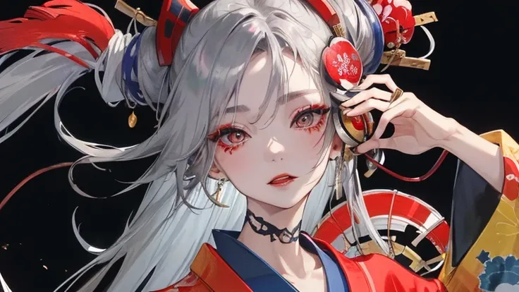 high quality,masterpiece,Tan-skinned Japanese woman in a colorful kimono,arm with tattoo,beautiful blue droopy eyes,japanese geisha,long silver hair,listening to music with headphones,ear earrings,dragon tattoo,gold necklace,expression of ridicule,gray hai...