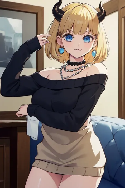 masterpiece,best quality, ultra res, extremely detailed,multiple poses,
1girl,MEMCHOmulticolored hair, blonde and black hair, short hair,  blue eyes,  (:3 :1.4)
(BLUE SWEATER, BLACK SHIRT, SHIRT UNDER SWEATER, OFF SHOULDER TOP)
PEARLS NECKLACE, EARRINGS, H...