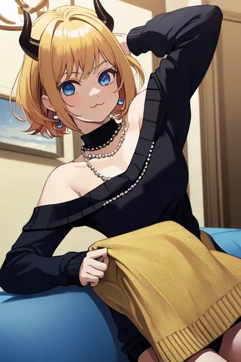 masterpiece,best quality, ultra res, extremely detailed,multiple poses,
1girl,MEMCHOmulticolored hair, blonde and black hair, short hair,  blue eyes,  (:3 :1.4)
(BLUE SWEATER, BLACK SHIRT, SHIRT UNDER SWEATER, OFF SHOULDER TOP)
PEARLS NECKLACE, EARRINGS, H...