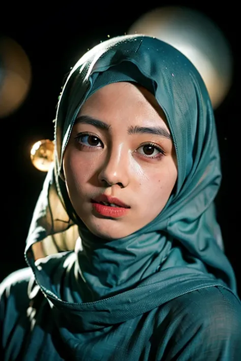 Craft a celestial-themed portrait of a Malay girl in hijab. Illuminate the hijab with stars and galaxies, blending the earthly with the cosmic in a mesmerizing and ethereal composition, 8mm, Close-up shot, cool-toned color grading, depth of field, film noi...