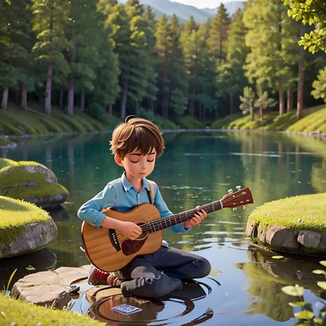 Broken hair boy, con camisa de vestir tocando la guitarra acustica en un lago dentro del bosque 