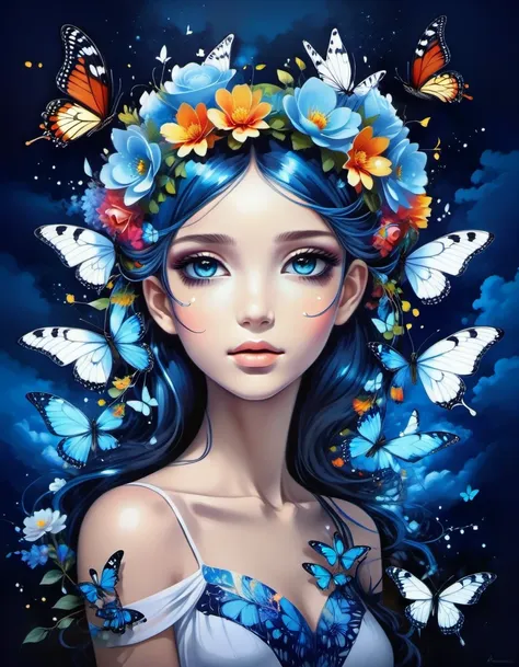 beautiful picture of a girl with vibrant flowers on her head, dark sky-blue and dark navy, dark sky-blue and dark white, realist...