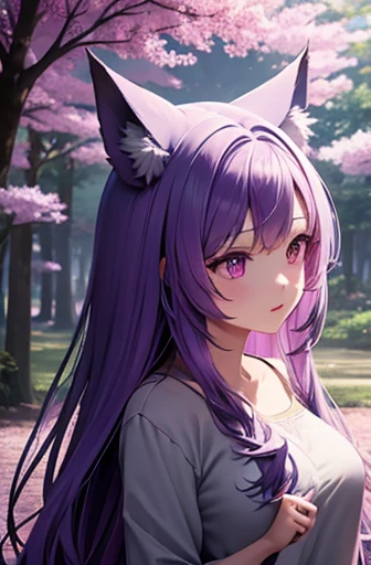 A cute chibi character of a wolf girl with purple hair, in a vibrant digital art style. The girl has big, mesmerizing purple eyes that sparkle with life. Her facial features are beautifully detailed, with perfectly shaped lips and delicate eyelashes. She i...