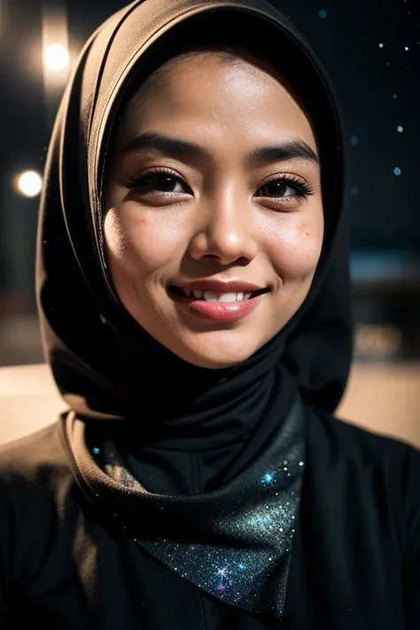 Craft a celestial-themed portrait of a Malay girl in hijab, (smile:0.9), Illuminate the hijab with stars and galaxies, blending the earthly with the cosmic in a mesmerizing and ethereal composition, 8mm, Close-up shot, cool-toned color grading, depth of fi...