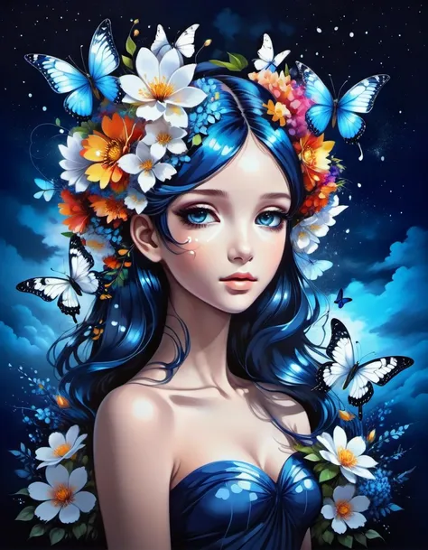 beautiful picture of a girl with vibrant flowers on her head, dark sky-blue and dark navy, dark sky-blue and dark white, realist...