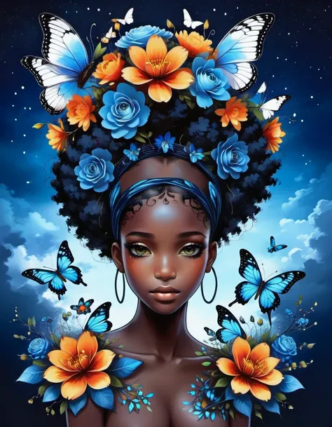 beautiful picture of a black girl with vibrant flowers on her head, dark sky-blue and dark navy, dark sky-blue and dark white, r...