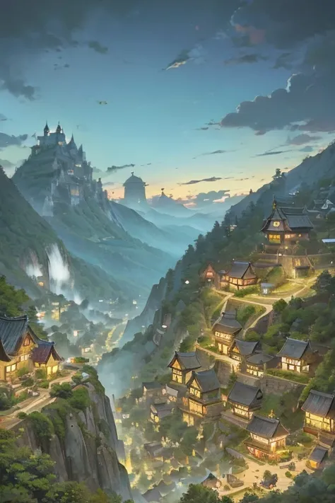 big fantasy (((Cottagecore))) town up on the mountain, thatched roofs, early medieval, overpopulated town on a rocky cliff, tightly packed houses, narrow passages, tight spaces, clustered settlement, ((Ghibli style))