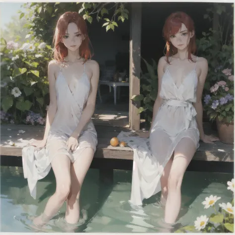 An exquisite slender tender girl of 16 years old with a perfect tender face with red hair with freckles in the rays of the rising sun, naked with tender breasts with pink nipples, barefoot on the veranda in the garden, drinking wine and looking at flowers,...