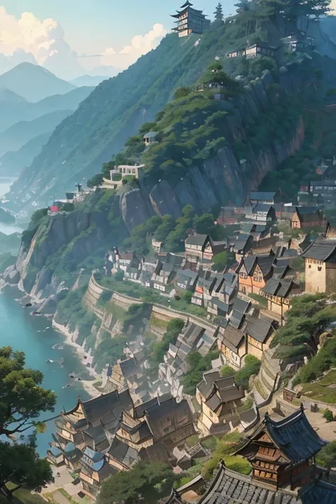 big fantasy town up on the mountain, thatched roofs, early medieval, overpopulated town on a rocky cliff, tightly packed houses, narrow passages, tight spaces, clustered settlement, (((by Hayao Miyazaki)))