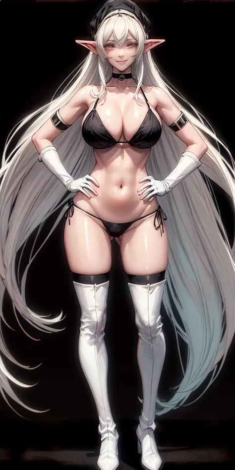 ((BLACK BACKGROUND1:2)) masterpiece, best quality, high quality, 1solo white SKIN elf, long hair, white hair, white eyes, full body, black bikini, looking at viewer, shiny, black thighhighs, high boots,shoulder armor, faulds, poleyn, gloves, gauntlets, FEE...