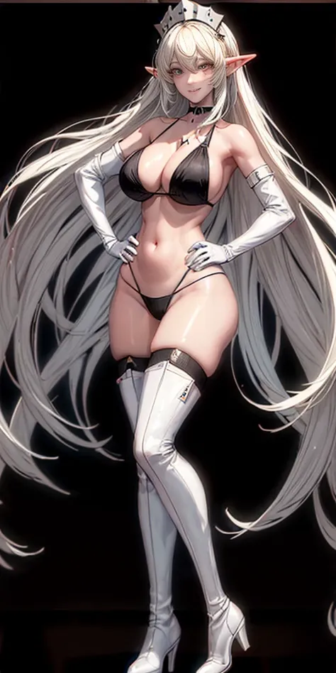 ((BLACK BACKGROUND1:2)) masterpiece, best quality, high quality, 1solo white SKIN elf, long hair, white hair, white eyes, full body, black bikini, looking at viewer, shiny, black thighhighs, high boots,shoulder armor, faulds, poleyn, gloves, gauntlets, FEE...