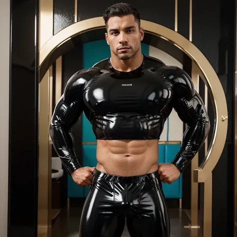 Homem bodybuilder, in black latex underwear, sentado no tapete de borracha colorido, em uma cheche, as paredes da sala com desenhos infantis.