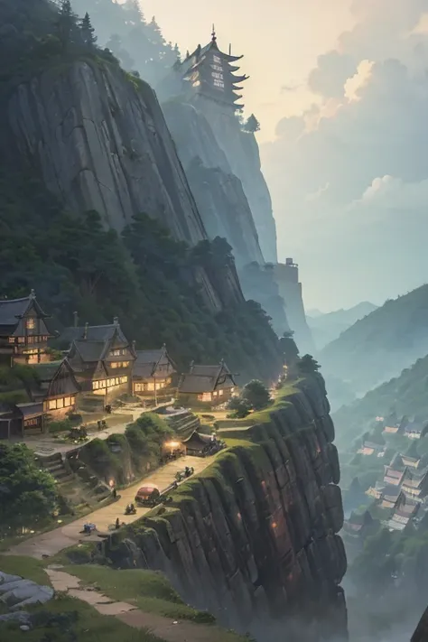 big fantasy town up on the mountain, thatched roofs, early medieval wooden houses, overpopulated town on a rocky cliff, tightly packed houses, narrow passages, tight spaces, clustered settlement, (((by Hayao Miyazaki)))