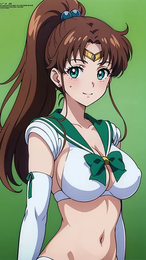 (masterpiece, best quality, high resolution, 2D, anime cels, megami magazine, 8K, Official art, sharp line), EPsmSailorJupiter, 1girl, sailor moon style:1.5, light smile, blush, brown long hair, ponytail, (large breasts:1.2), cleavage, (white bikini), ligh...