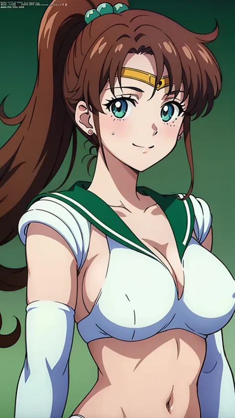 (masterpiece, best quality, high resolution, 2D, anime cels, megami magazine, 8K, Official art, sharp line), EPsmSailorJupiter, 1girl, sailor moon style:1.5, light smile, blush, brown long hair, ponytail, (large breasts:1.2), cleavage, (white bikini), ligh...