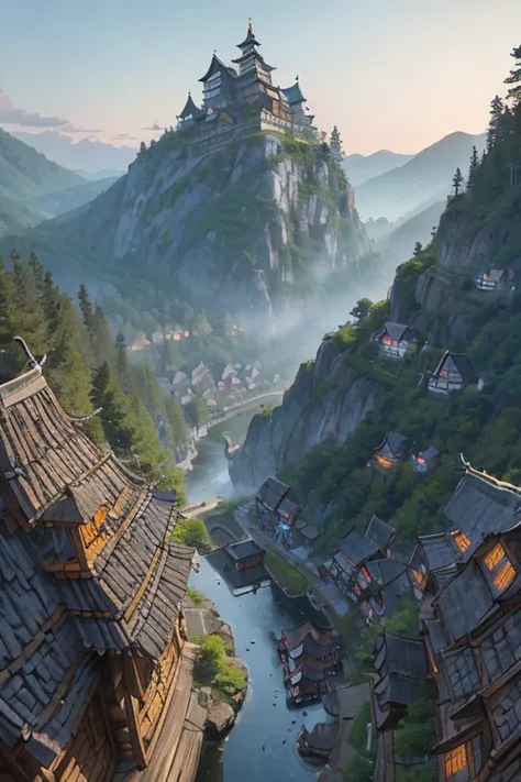 big slavic fantasy town up on the mountain, thatched roofs, early medieval wooden log houses, overpopulated town on a rocky cliff, tightly packed houses, narrow passages, tight spaces, clustered settlement, (((by Hayao Miyazaki)))
