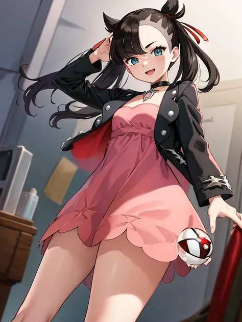 masterpiece, best quality, highres, marnie, aqua eyes, black choker, red ribbon, pink dress, jewelry, black jacket, open clothes...