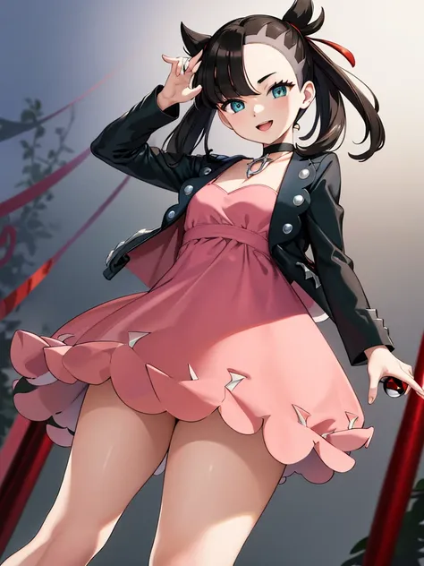 masterpiece, best quality, highres, marnie, aqua eyes, black choker, red ribbon, pink dress, jewelry, black jacket, open clothes, long sleeves, cowboy shot, standing,  Forest, holding poke ball, poke ball (basic), smile, open mouth,