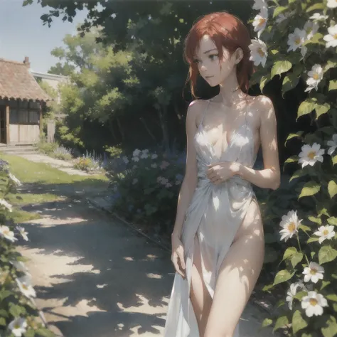 An exquisite slender tender girl of 16 years old with a perfect tender face with red hair with freckles in the rays of the rising sun, naked with tender breasts with pink nipples, barefoot on the veranda in the garden drinks (Wine) and looks at the flowers...