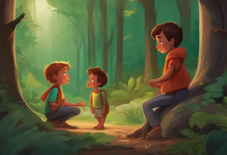 Create a comic with dialogues of two children in the forest 