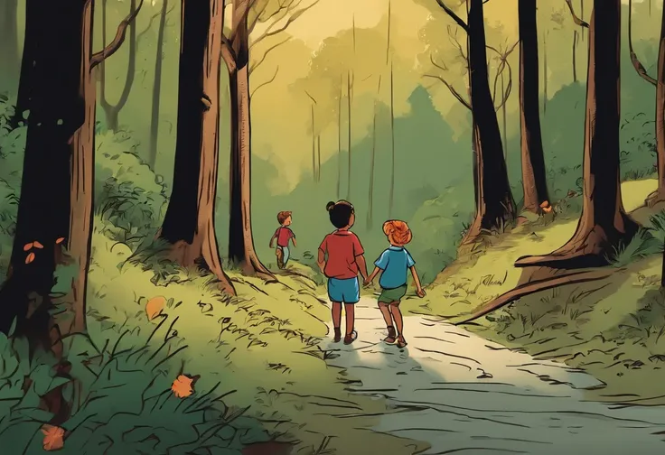 Create a comic with dialogues of two children in the forest 