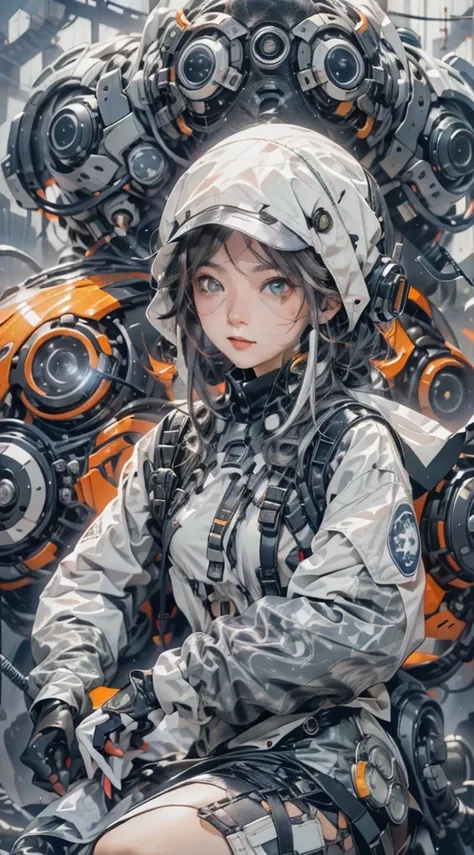 fisheye photo, 1cute girl with techwear clothes, mechanic spider, circles, fractals, 32k, uhd, 4x ultra sharp, cinematic, (art w...