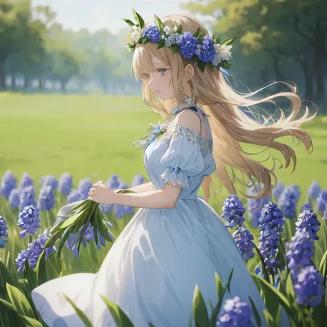 anime girl in a blue dress walking through a field of flowers, beautiful anime art, beautiful anime girl, beautiful anime, crown...