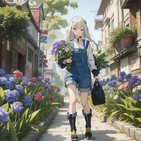 anime girl with white hair and blue overalls carrying flowers, splash art anime , forest city streets behind her, artwork in the style of guweiz, guweiz on pixiv artstation, guweiz on artstation pixiv, official art, the non-binary deity of spring, render o...