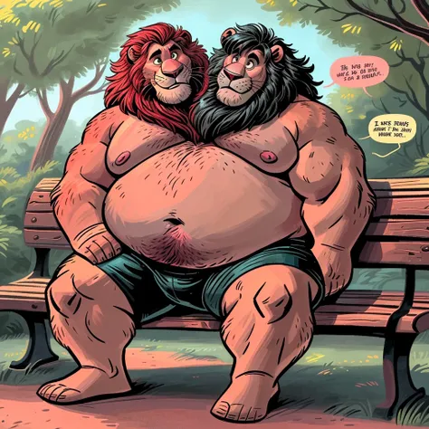 solo, (lion), two heads one body, two headed identical conjoined twin brothers, (adult male, 50 year old male, (detailed eyes:1.2, cartoon eyes), (by dramamine, by disney), (burly, manly, beefy, obese, red hair, black hair)), park background, (shirtless, b...